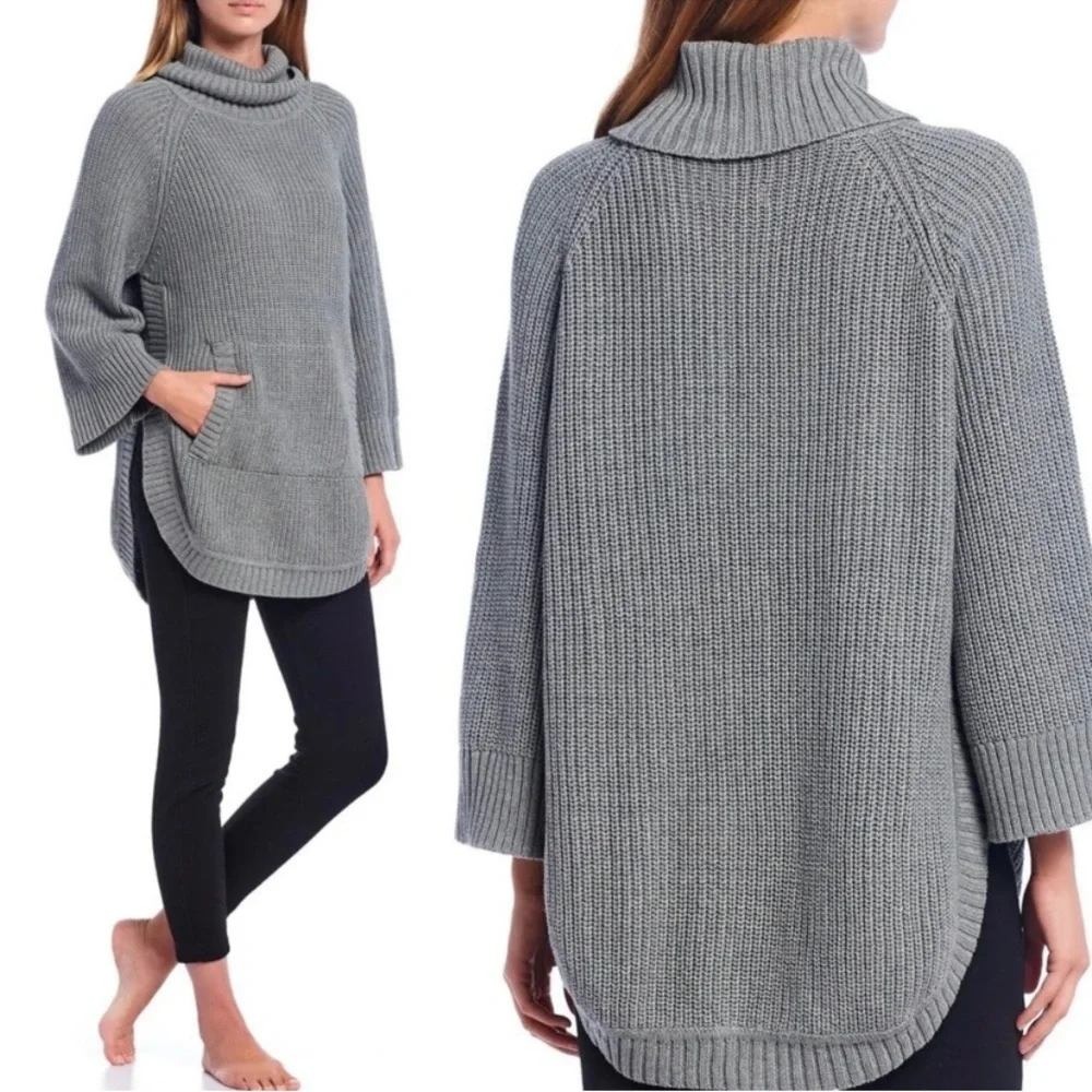 UGG Gray Chunky Knit Turtleneck Sweater Kangaroo Pocket High Low Hem Large